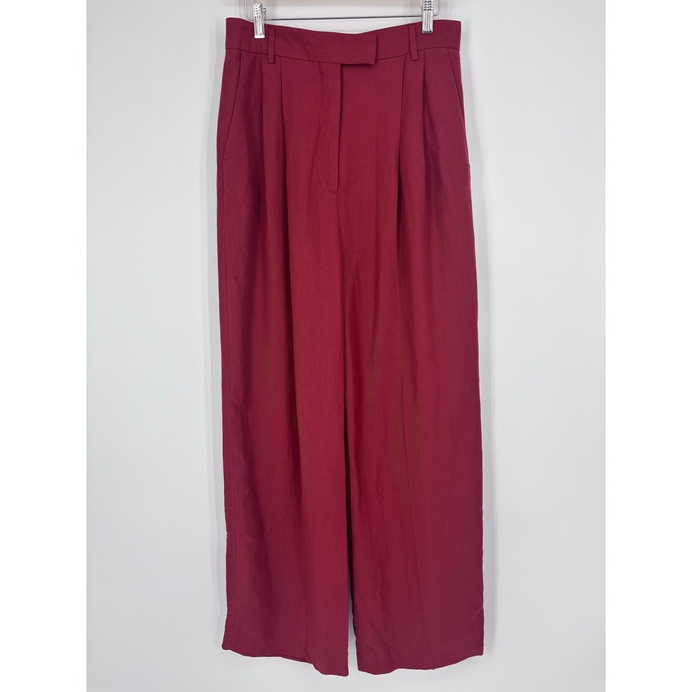 Argent High Waisted Pleated Wide Leg Trouser Pants Womens 10 Burgundy Linen Blnd